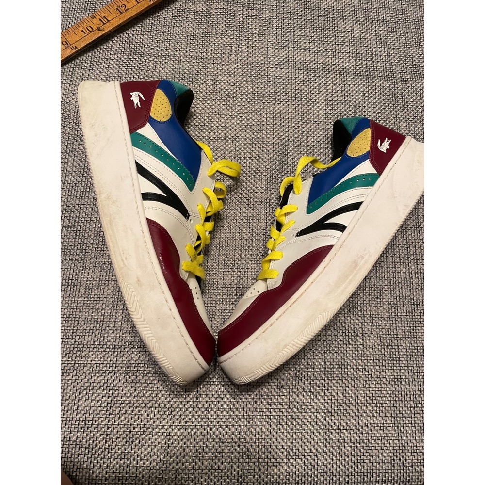 Lacoste L005 222 2 SMA Mens Colorblock Leather Sneakers White Burgundy Blue 11.5
